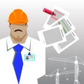 Repairs, Construction builder in yellow helmet working with different tools. Engineer. Worker. Flat design illustration.