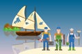 Repairs old ships in bottles, vector illustration. Team character builders in work clothes standing with tools near