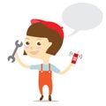 Repairwoman holding tool and telephone with bubblespeech vector