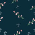 Repeat Flower Pattern. Navy Blue Background. Pink Simple Flowers. Seamless Floral Pattern. Stylish Repeating Texture
