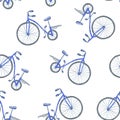 Repeat pattern of blue retro-style bicycle watercolor illustration on the white background, symbol of freedom, summer, movement,