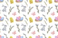 Repeat pattern of cute little yellow chicken, bunny, nest with eggs, and willow branches, cartoon style