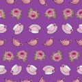 Repeat pattern design with tea pot, cups and peonies Royalty Free Stock Photo