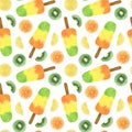 Repeat pattern of kiwi ice cream fruity juice lemon orange kiwi slices watercolor food illustration, seamless sweet dessert for Royalty Free Stock Photo