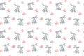A repeat pattern, a lovely hand drawn illustration of a cute little grey Easter bunny and pink butterflies