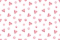 Repeat pattern of pink and light rose hearts and polka dots of different sizes, simple ornament
