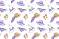 Repeat pattern of summer beach elements in violet colors hats, swim suit, flip flops, simple seamless ornament for making textile Royalty Free Stock Photo