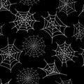 Repeat pattern vector illustration of a simple fancy Halloween spider web, different types of white webs on the black background