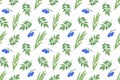 Repeat pattern of watercolor fancy blue berries and leaves on the white background