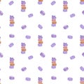 Repeat pattern of watercolor sweet violet lavender traditional French cookies macaroons with little flowers hand drawn