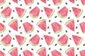 Repeat pattern of a watermelon slices on the white background watercolor illustration, sweet red juicy fruit dessert, healthy and Royalty Free Stock Photo