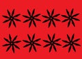 Repeat patterns of two rows of black silhouette oriental sabre shaped fan blades bright red backdrop