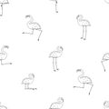 Repeat seamless outline cartoon flamingos pattern isolated, white background. Doodle vector animals are active, dancing, fly,