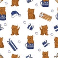 Repeat seamless pattern of cute brown cats and kittens with different emotions and poses, christmas and birthday blue and golden