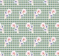 Repeat symmetrical botanical pattern. Horizontal rows of flowers with stems and leaves on gingham background. Seamless geometric p