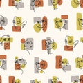 Repeatable pattern of continuous curve, stylized one line art faces with colored geometric shapes. Endless background