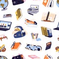 Repeatable pattern of different school items, stationery and books. Endless background of supplies for education, learning Royalty Free Stock Photo