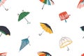 Repeatable pattern of foldable and straight umbrellas, child parasols. Endless background of brollies, canopies from rain. Autumn Royalty Free Stock Photo