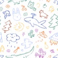 Repeatable pattern of kids doodles of animals, clouds, trees and flowers on the wall. Endless background of child scribbles with Royalty Free Stock Photo