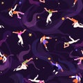 Repeatable pattern of soaring people in space, zero gravity. Endless background of cosmos with flying men and women Royalty Free Stock Photo