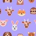 Repeatable print of cute animal muzzles. Endless pattern of different happy faces dog, owl, rabbit, cow, pig. Adorable
