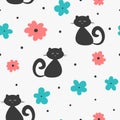 Repeated abstract silhouettes of cats, flowers and polka dots. Cute seamless pattern for children. Royalty Free Stock Photo