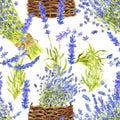 Seamless pattern with lavender bunch in twigged basket on white Royalty Free Stock Photo