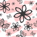 Repeated brush strokes, outlines of flowers and butterflies. Cute seamless pattern.