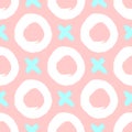 Repeated circles and crosses painted with watercolour brush. Simple geometric seamless pattern drawn by hand.