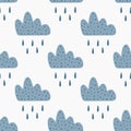 Repeated clouds with falling rain drops. Cute seamless pattern for children.