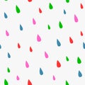 Repeated colorful rain drops. Cute seamless pattern with bright raindrops.