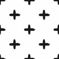 Repeated crosses drawn with a rough brush. Seamless pattern with black pluses on a white background. Paint, ink, watercolor.