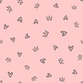 Repeated crowns and hearts drawn by hand. Cute seamless pattern for girls.