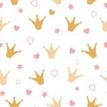 Repeated crowns and hearts drawn by hand gold pattern Romantic girl seamless background Royalty Free Stock Photo