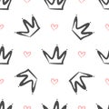 Repeated crowns and hearts drawn by hand. Simple seamless pattern. Sketch, doodle, scribble. Royalty Free Stock Photo