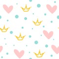 Repeated crowns, hearts and round dots. Cute seamless pattern. Drawn by hand.