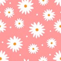 Repeated cute daisies and round dots. Floral seamless pattern.