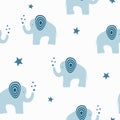 Repeated cute elephants with stars. Cartoon seamless pattern.