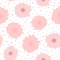 Repeated cute flowers and irregular polka dots drawn by hand. Floral seamless pattern.