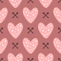 Repeated cute hearts and crossed arrows. Romantic seamless pattern.