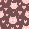 Repeated faces of cats, hearts and round dots. Cute seamless pattern for children.