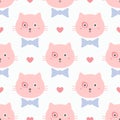 Repeated faces of cute cats with bows and hearts. Girly seamless pattern. Endless print with kittens.