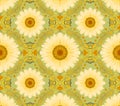 Repeated floral pattern with light yellow flowers and decorative green elements in symmetrical design Royalty Free Stock Photo