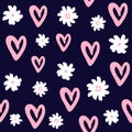 Repeated flowers and hearts drawn by hand with rough brush. Cute girly seamless pattern.