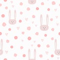 Repeated flowers, hearts and heads of funny rabbits. Cute seamless pattern for girls.