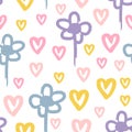 Repeated flowers and hearts painted with rough brush. Cute watercolour seamless pattern for children. Sketch, watercolor.