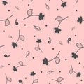 Repeated flowers, leaves and round dots drawn by hand. Floral seamless pattern. Royalty Free Stock Photo