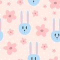 Repeated flowers and rabbit heads. Cute seamless pattern for children.