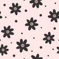 Repeated flowers and round dots. Cute floral seamless pattern.