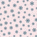 Repeated flowers and rounded dots drawn by hand. Cute seamless pattern. Sketch, doodle. Endless girlish print.